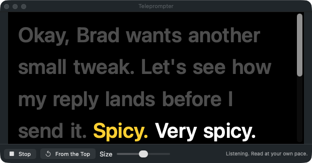 The teleprompter window highlighting the word being read